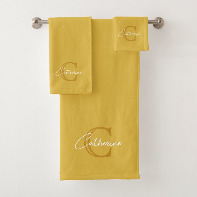 Simple Mustard Yellow Monogram Bath Towel Set (Insitu)