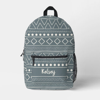 Simple Muted Blue Mudcloth Monogram Name Printed Backpack