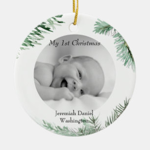 Simple My 1st Christmas B/W Photo Pine Bough Ceramic Tree Decoration
