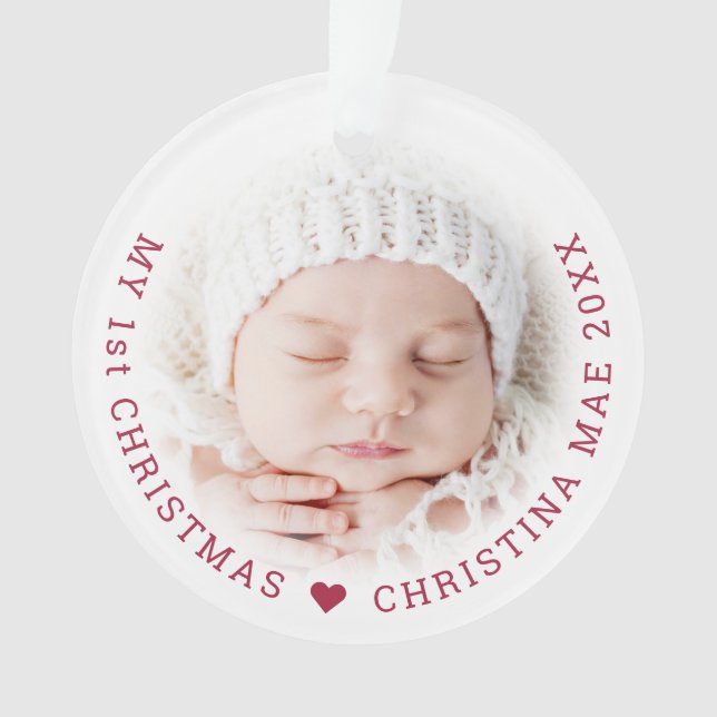 Simple My 1st Christmas Red Script Joy Photo Ornament (Front)