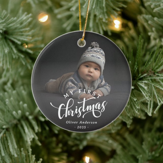 Simple My First Christmas Calligraphy Script Photo Ceramic Tree Decoration (Tree)