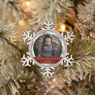 Simple My First Christmas Personalised Baby Photo Snowflake Pewter Christmas Ornament