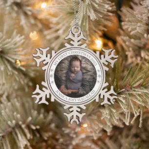 Simple My First Christmas Personalised Baby Photo Snowflake Pewter Christmas Ornament
