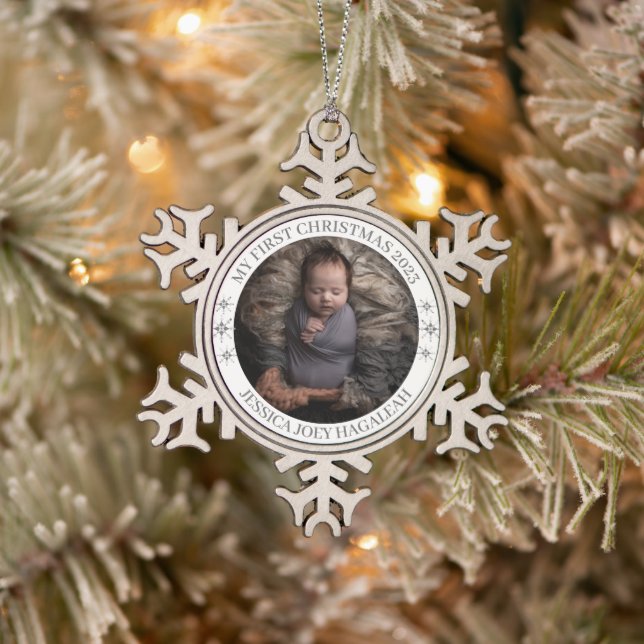 Simple My First Christmas Personalised Baby Photo Snowflake Pewter Christmas Ornament (Tree)