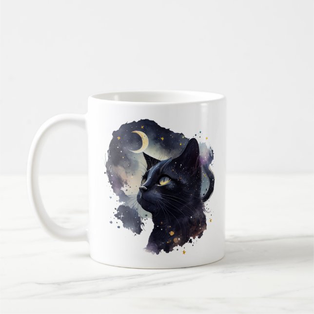 Simple Mystical Cat Crescent Moon Starlight Clean Coffee Mug (Left)