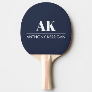 Simple Name and Initials Navy Blue and White Ping Pong Paddle