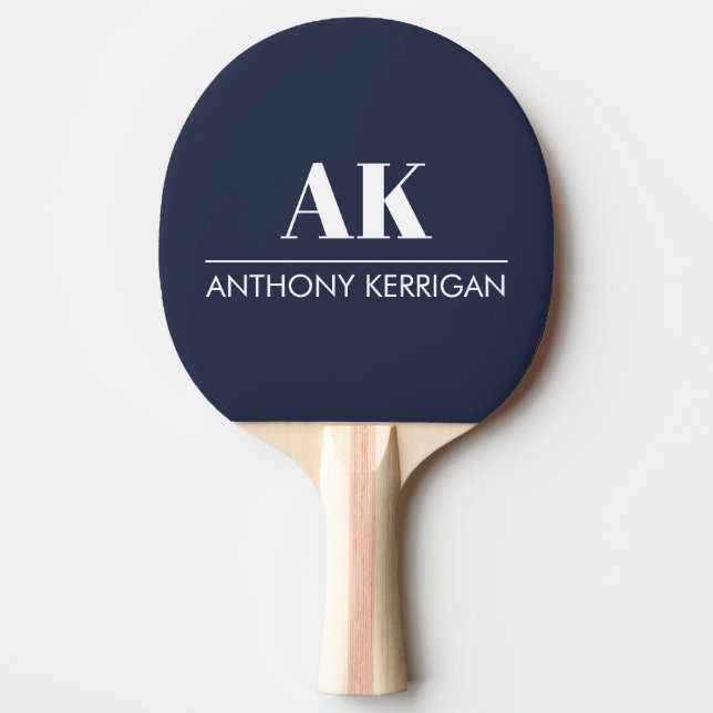 Simple Name and Initials Navy Blue and White Ping Pong Paddle (Front)