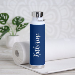 Simple Name Elegant Script Navy Blue Modern Water Bottle