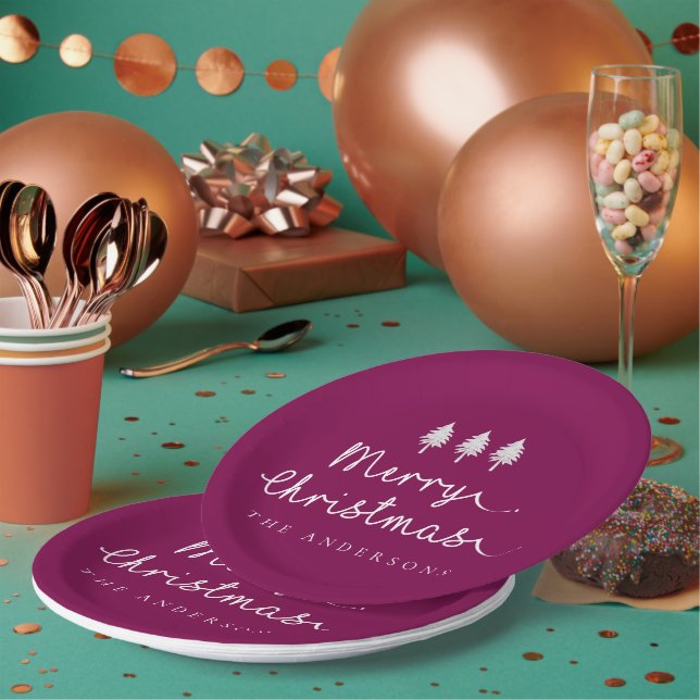Simple Name Minimalist Merry Christmas Party Paper Plate (Multi)