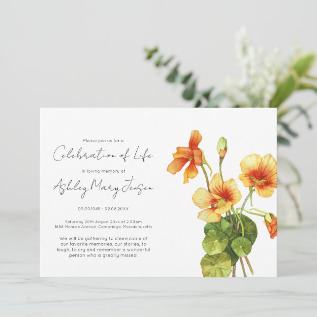 Simple Nasturtium Celebration of Life Funeral Invitation (Standing Front)