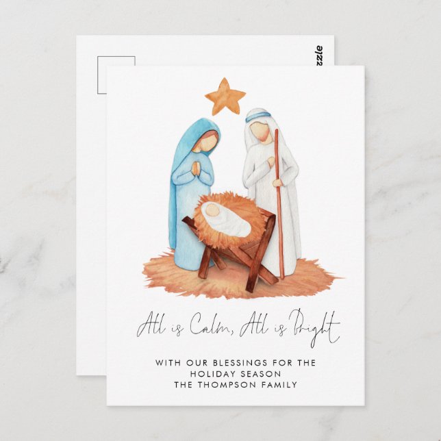 Simple Nativity Scene All Is Calm Holiday Postcard (Front/Back)