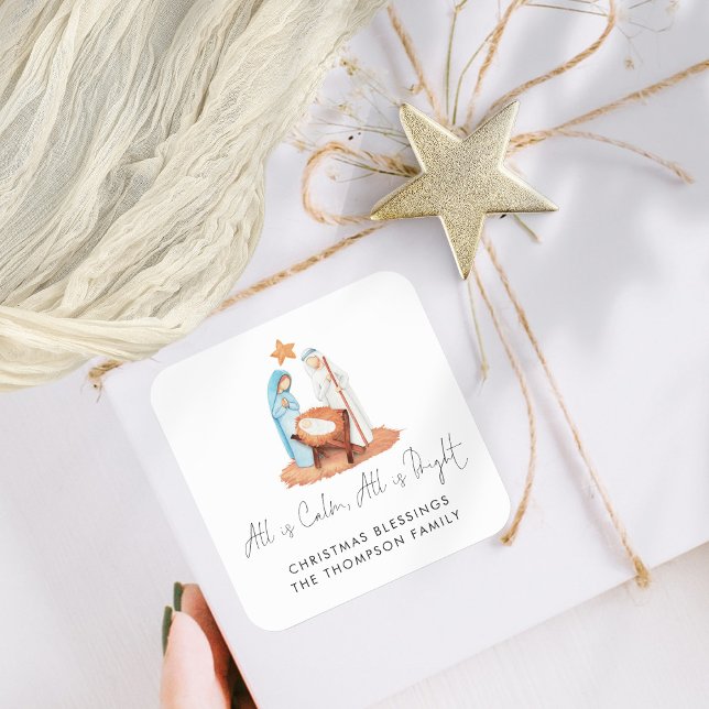 Simple Nativity Scene All Is Calm Name Square Sticker (Mary Joseph  and Baby Jesus Manger All Is Calm Nativity Scene Christmas Gift Stickers)