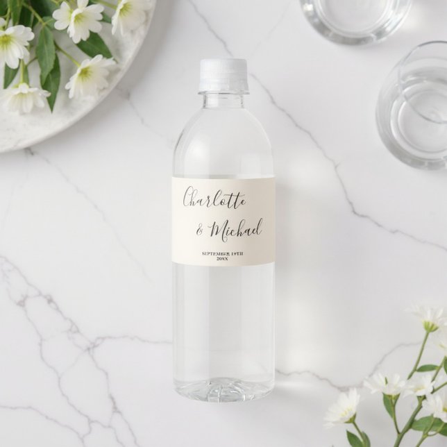 Simple Natural White Script Minimalist Wedding Water Bottle Label (Creator Uploaded)