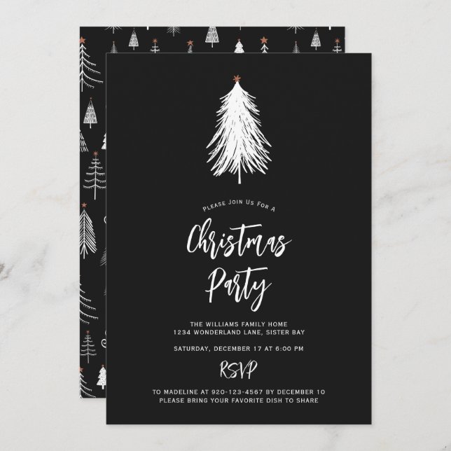 Simple Nature Black White Christmas Tree Party Invitation (Front/Back)