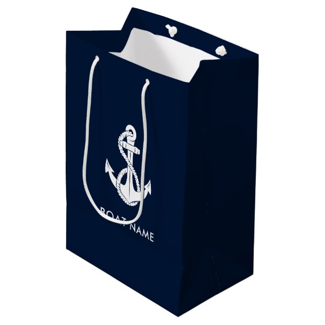 Simple Nautical Anchor Boat Name Navy Blue Medium Gift Bag (Front Angled)
