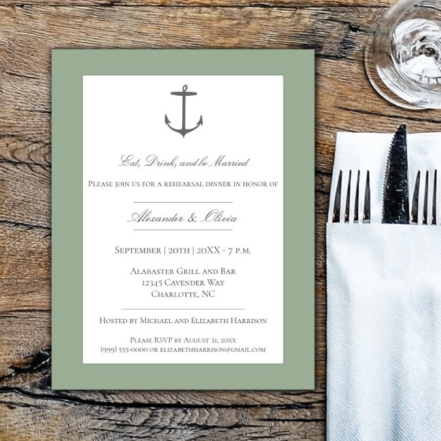 Simple Nautical Anchor Rehearsal Dinner Sage Green Invitation (Sage Green Simple Nautical Anchor Rehearsal Dinner Invitation)