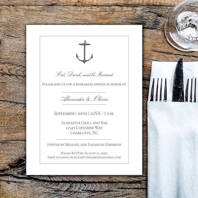 Simple Nautical Anchor Rehearsal Dinner | White Invitation (White Simple Nautical Anchor Rehearsal Dinner Invitation)