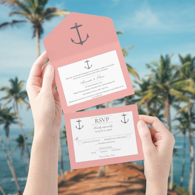 Simple Nautical Anchor Wedding | Coral All In One Invitation (Coral Nautical Anchor Wedding All in One Invitation)