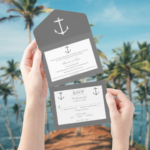Simple Nautical Anchor Wedding Grey All In One Invitation