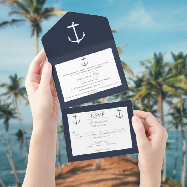 Simple Nautical Anchor Wedding | Navy Blue All In One Invitation (Navy Nautical Anchor Wedding All in One Invitation)