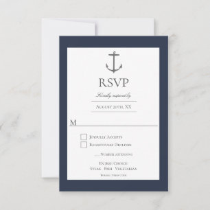 Simple Nautical Anchor Wedding   Navy Blue RSVP Card