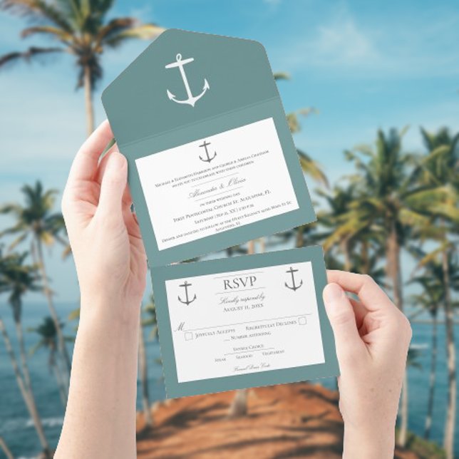 Simple Nautical Anchor Wedding | Teal All In One Invitation (Teal Nautical Anchor Wedding All in One Invitation)