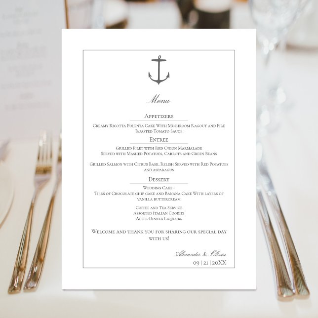 Simple Nautical Anchor Wedding | White Menu (White Simple Nautical Anchor Wedding Menu)