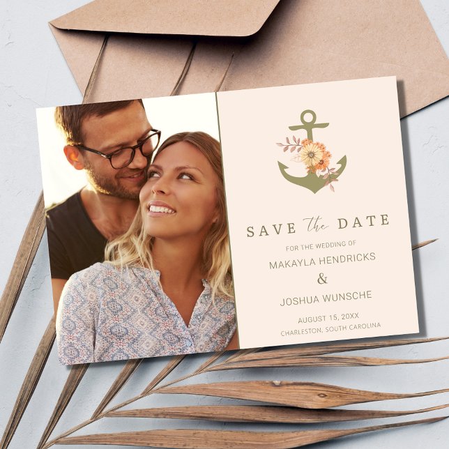 Simple Nautical Boho Floral Wedding Save the Date Invitation (Boho Nautical Photo Beach Wedding Save the Date)