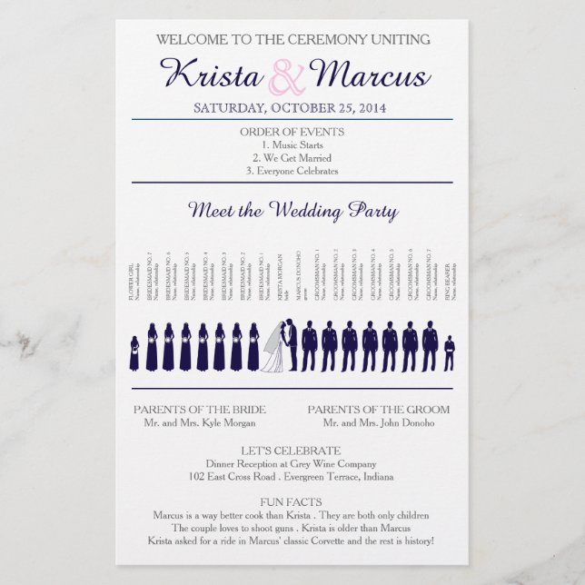 Simple Navy and Blush Wedding Program Silhouettes (Front)