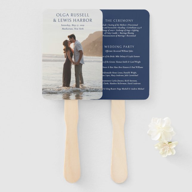Simple Navy and Cream Modern Wedding Program Hand Fan (Front and Back)
