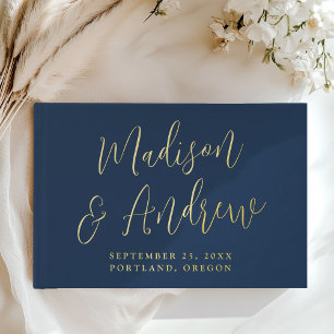 Simple Navy and Gold Foil Script Photo Wedding Guest Book