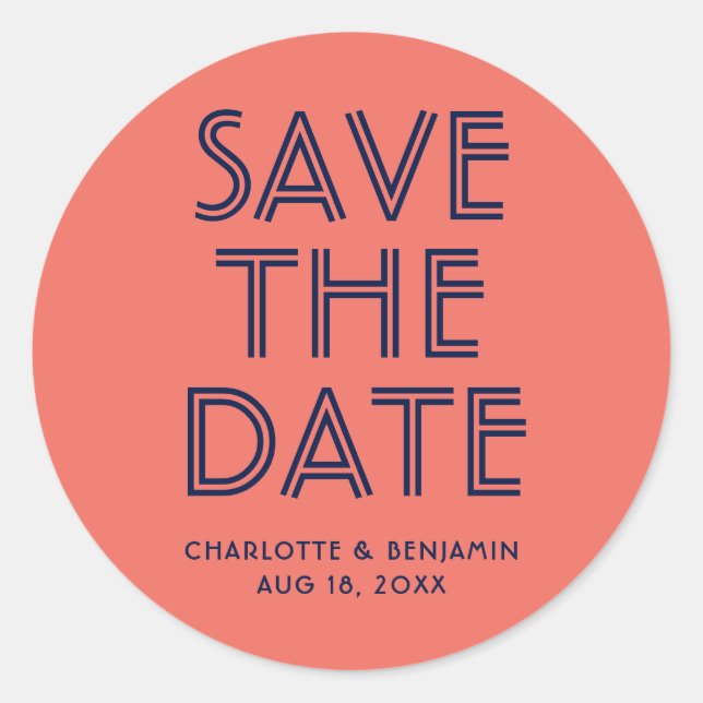 Simple Navy Blue and Coral Save The Date Sticker (Front)