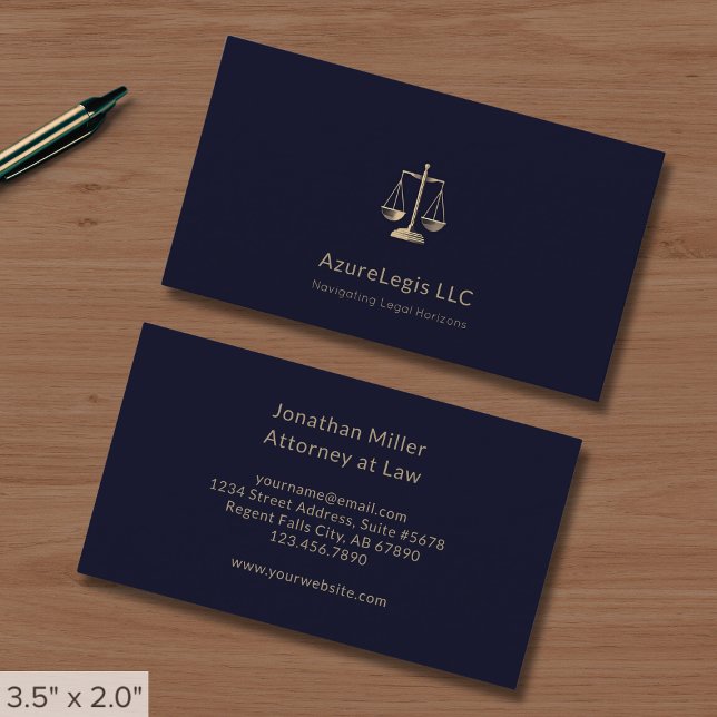 Simple Navy Blue and Gold Scales of Justice Business Card (Creator Uploaded)