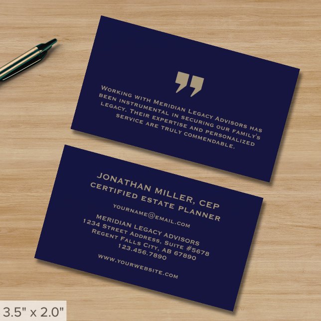 Simple Navy Blue and Gold with Testimonial Business Card (Creator Uploaded)