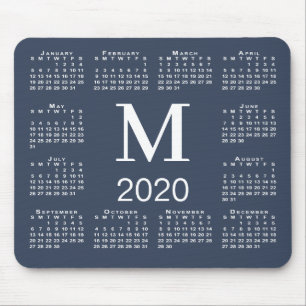Simple Navy Blue and White Monogram 2020 Calendar Mouse Mat