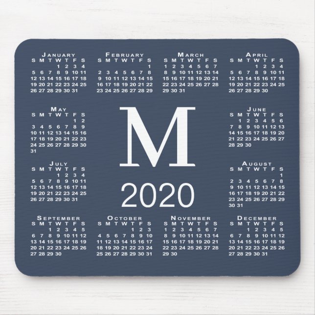 Simple Navy Blue and White Monogram 2020 Calendar Mouse Mat (Front)