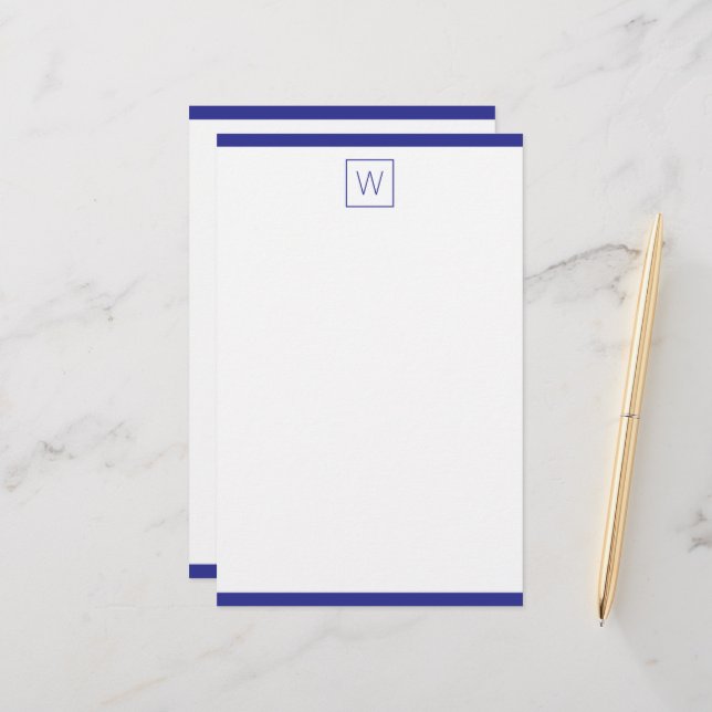 Simple Navy Blue and White Monogram Stationery (Front/Back In Situ)