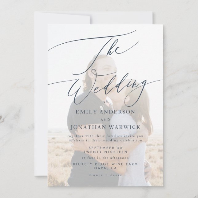 Simple Navy Blue and white photo overlay wedding Invitation (Front)