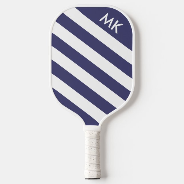 Simple Navy Blue and White Striped Monogram Pickleball Paddle (Front)