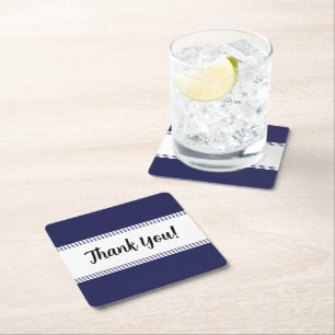 Simple Navy Blue and White Thank You Party Square Paper Coaster
