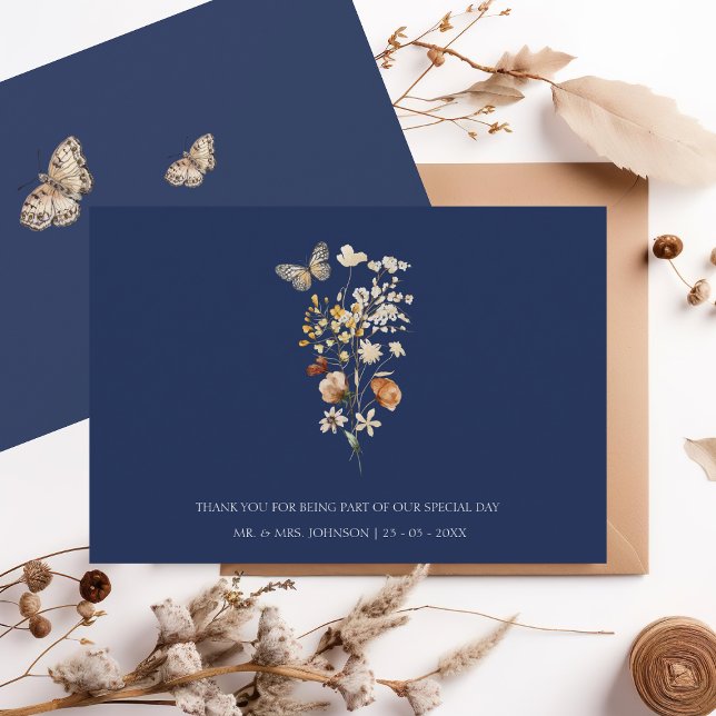 Simple Navy Blue Autumn Fall Wildflowers Wedding Thank You Card (Creator Uploaded)