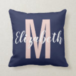 Simple Navy Blue Blush Pink Hand Script Monogram Cushion<br><div class="desc">This simple and modern navy blue and blush pink hand scripted monogram name and initial throw pillow is perfect for the trendy and stylish individual. Its fashionable and girly design is great for many gifts and occasions. Enjoy this bold and elegant print for your next purchase; for yourself, your friends,...</div>