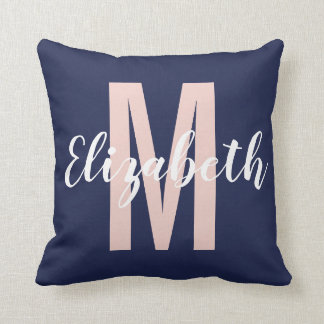 Simple Navy Blue Blush Pink Hand Script Monogram Cushion