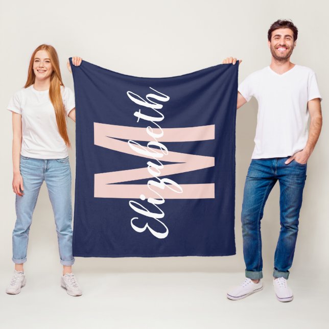 Simple Navy Blue Blush Pink Hand Script Monogram Fleece Blanket (In Situ)