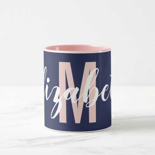 Simple Navy Blue Blush Pink Hand Script Monogram Mug (Center)