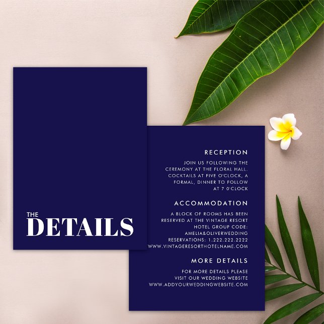 Simple Navy Blue Bold Minimal Wedding Details Enclosure Card (Front / Back)