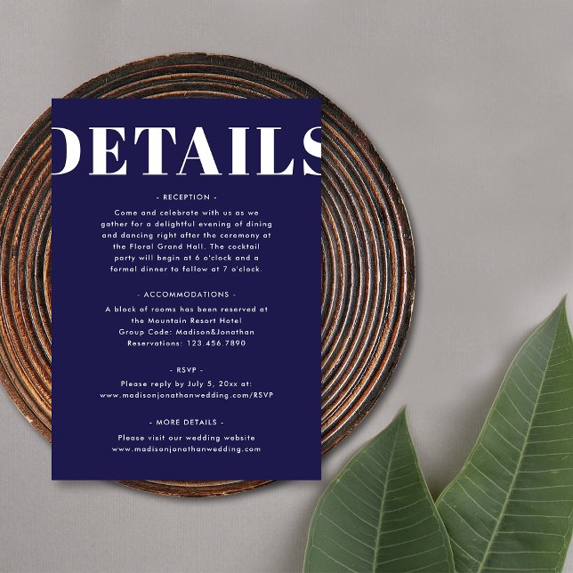 Simple Navy Blue Bold Modern Wedding Details Enclosure Card (Front)