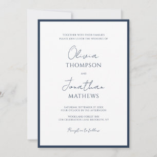 Simple Navy Blue Border Script Wedding Invitation