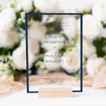 Simple Navy Blue Border White Script Wedding