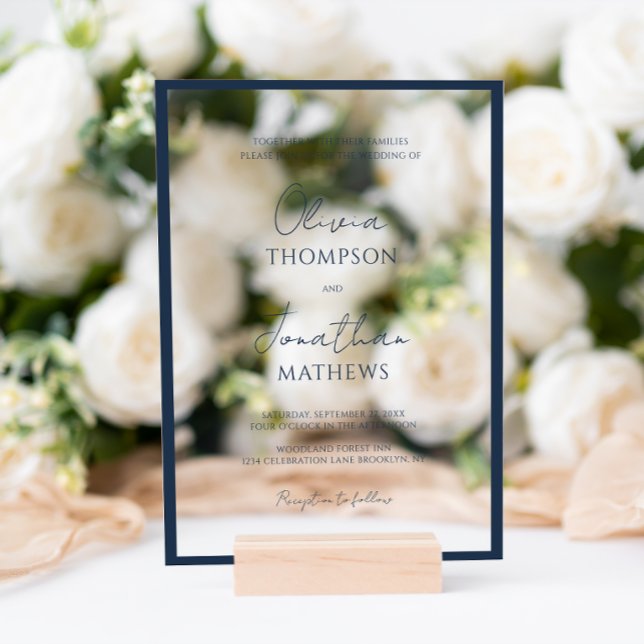 Simple Navy Blue Border White Script Wedding Acrylic Invitations (Creator Uploaded)